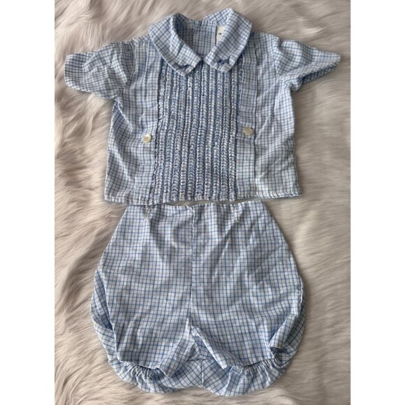 VTG Mothercare Blue & White Checked 2-Piece Baby Outfit Size 24 Mos Scottie Dogs - Picture 1 of 14
